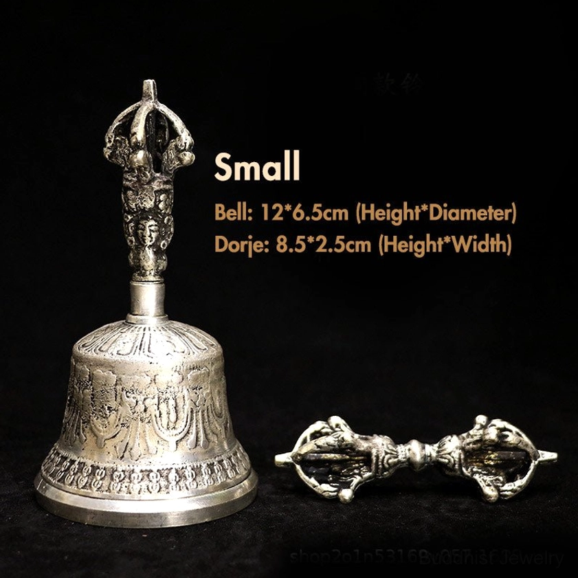 Small size Buddhist meditation bell and vajra dorje set flat lay studio photo with size specifications