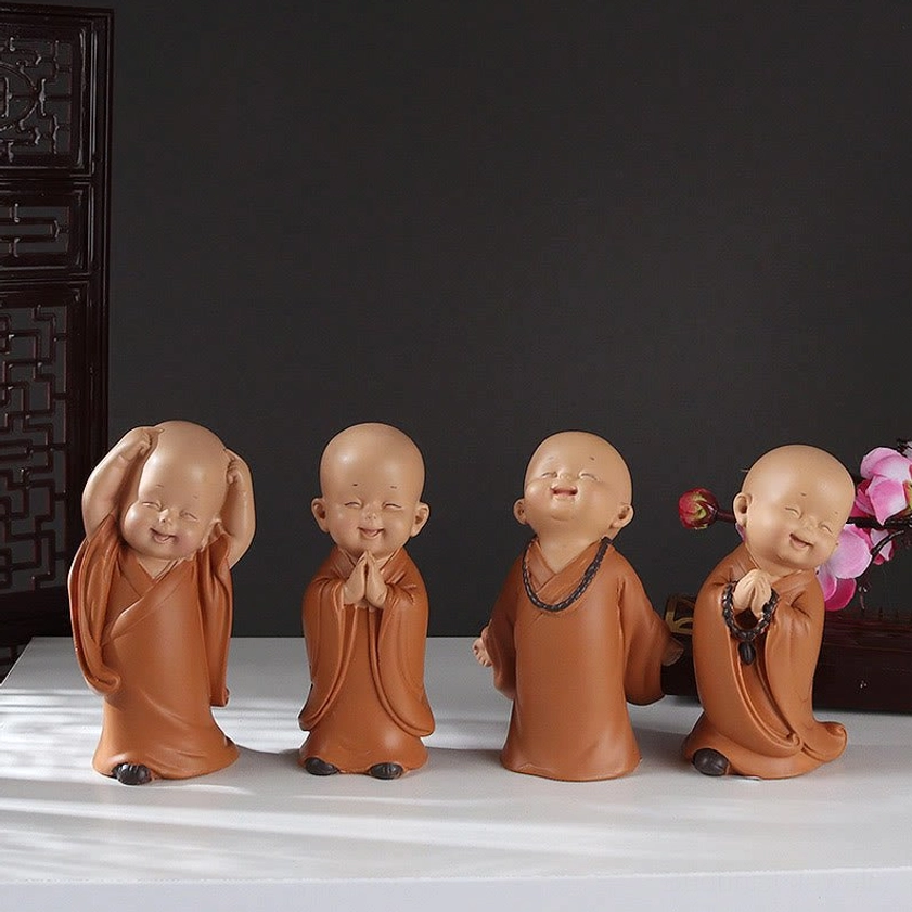Small meditation monk resin figurine terracotta finish, Buddhist spirituality and inner peace home decoration