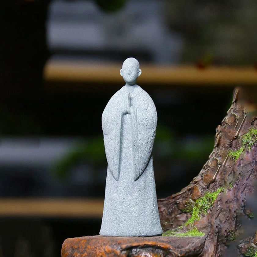 Small Praying Buddha Statue 9.5cm Grey Sandstone Clasped Hands Prayer Pose