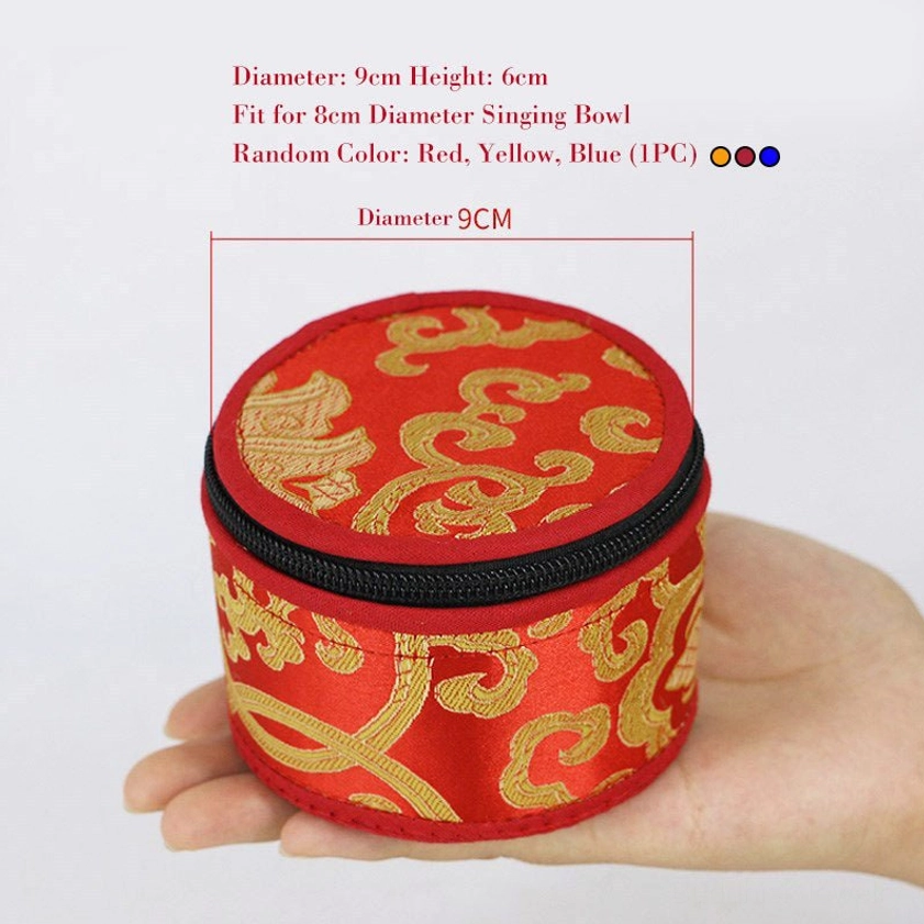 Small 9cm singing bowl storage bag held in palm showing size specifications