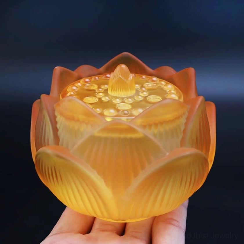 Small Yellow Lotus frosted crystal incense burner with amber orange gradient and lotus seed pod lid detail