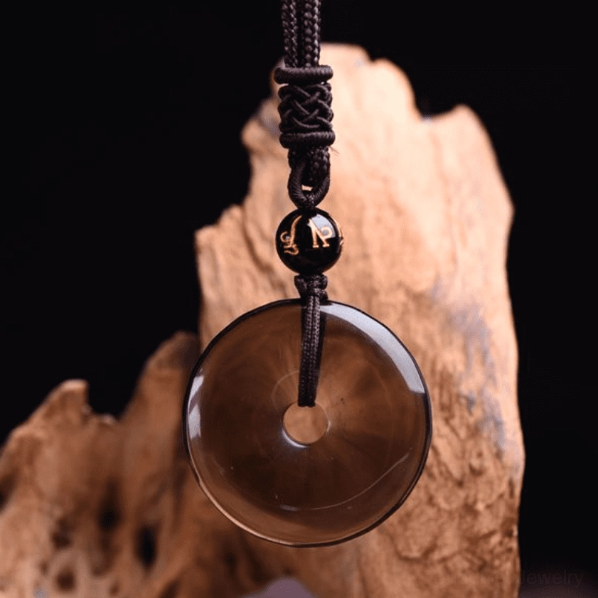 Smoky obsidian donut pendant matte finish braided necklace with accent bead