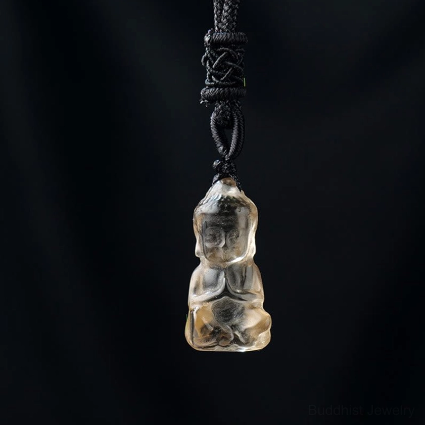Smoky quartz Buddha pendant with black braided necklace - brown crystal Buddha with adjustable 50cm cord