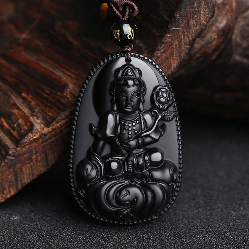 Snake zodiac Samantabhadra Bodhisattva natural black obsidian protection Buddha necklace