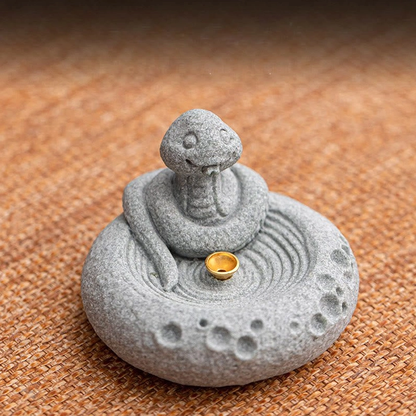Snake zodiac incense burner front overhead view ripple tray golden incense holder