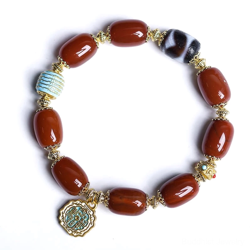 South Red Agate Bagua Dzi Bead Bracelet on pure white background - complete product shot showing all beads and Bagua pendant