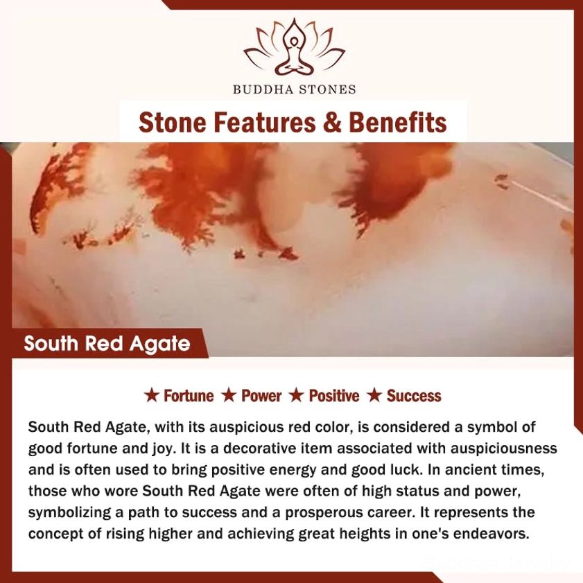 South Red Agate meaning infographic - fortune, power, success, prosperity benefits and Buddhist spiritual symbolism
