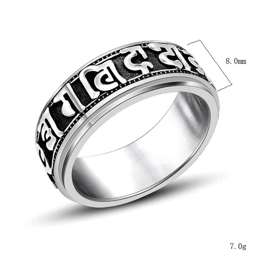 Om Mani Padme Hum titanium steel spinner ring specifications showing 8mm band width and 7g weight
