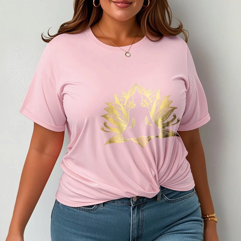 Spiritual Buddhist t-shirt with gold Buddha lotus design, product showcase on clean background
