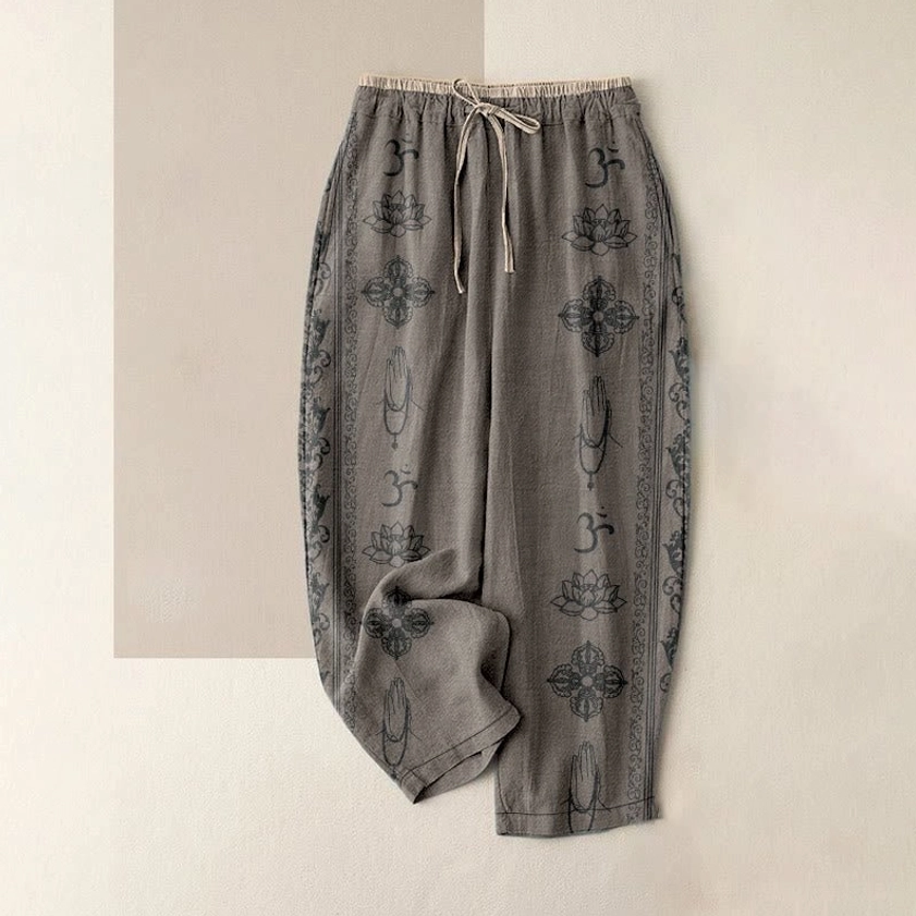 Women's dark khaki harem pants with namaste om lotus print, relaxed wide leg casual fit