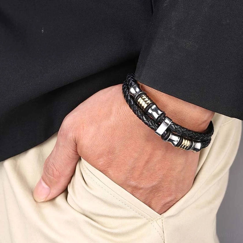 Spiritual leather bracelet for balance and protection featuring titanium steel construction