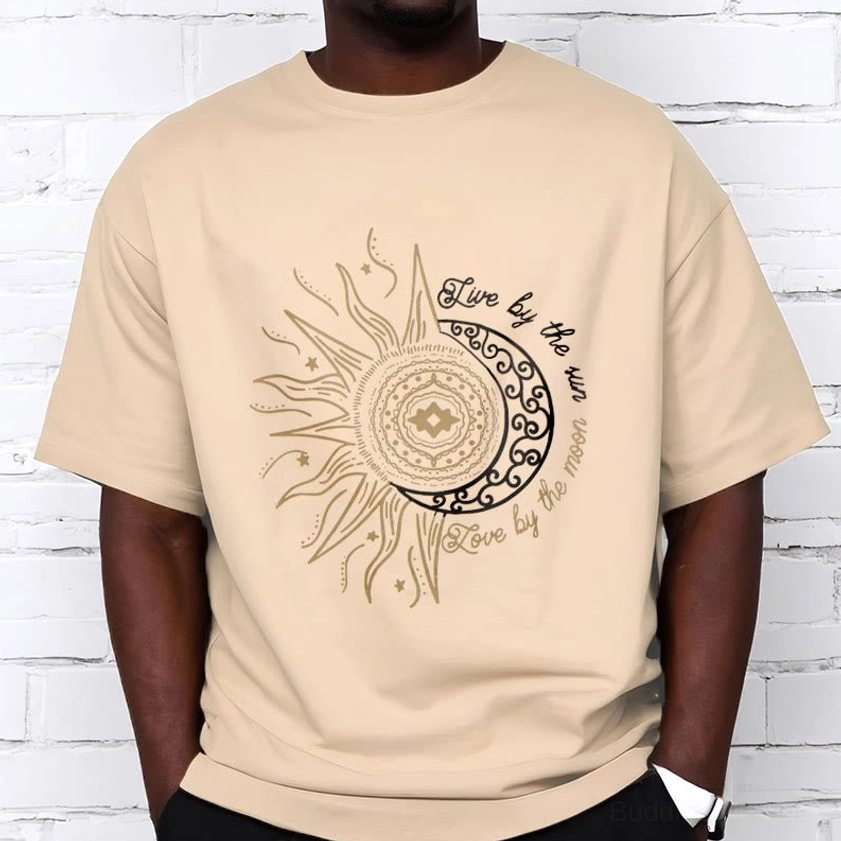 Unisex spiritual Buddhist sun moon t-shirt crew neck crew neck design with celestial graphic