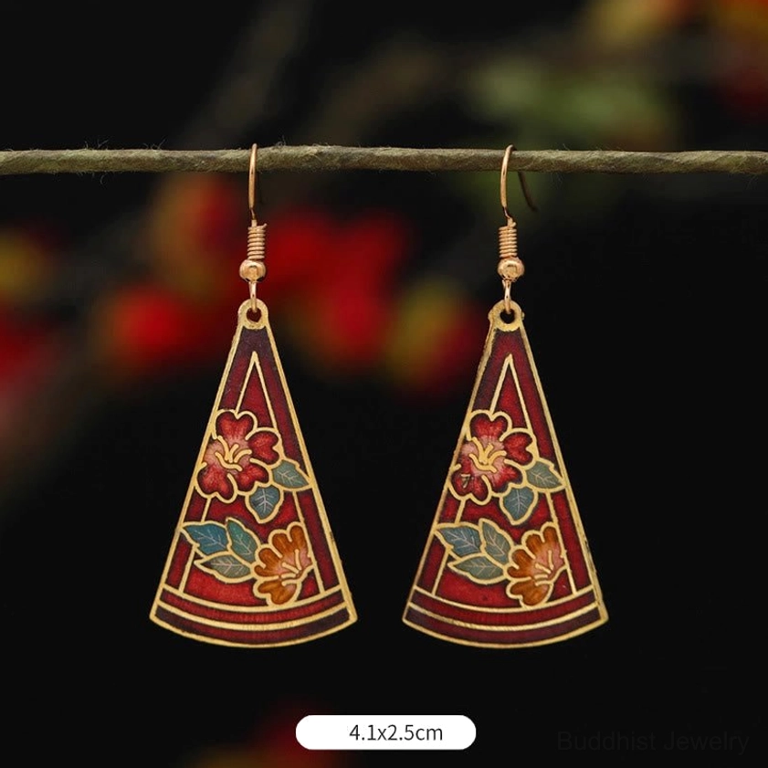 Square dark blue flower enamel earrings size 3.1x2.2cm featuring Buddhist lotus design