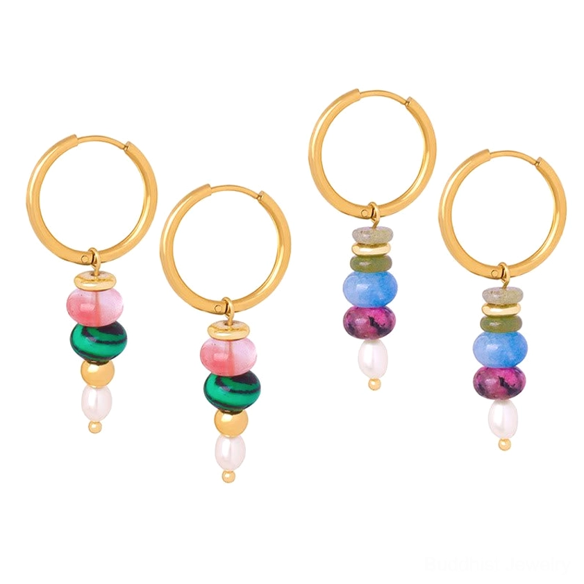 Stacked stone dangle earrings in natural agate - showing layered design of Buddhist healing crystal earrings