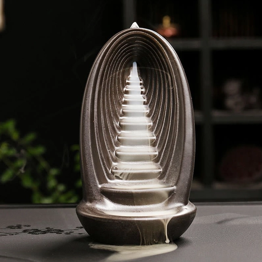 Stairs Pagoda Buddhist ceramic backflow incense burner with layered spiral design and flowing smoke waterfall effect
