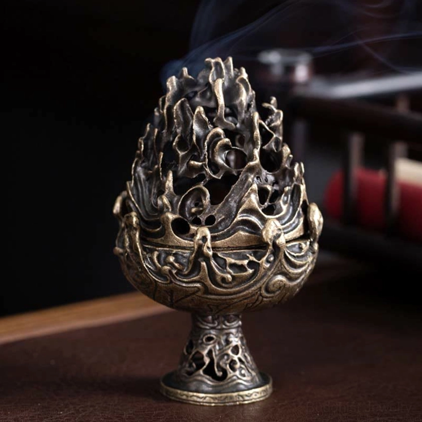 Standard sized Buddhist incense holder bronze antiqued finish with ornate relief patterns, perfect for meditation room or altar display