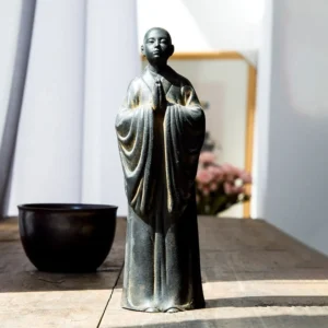 Standing Praying Monk Statue with Clasped Hands - Handcrafted Iron Resin Buddha Statue for Home Altar and Meditation