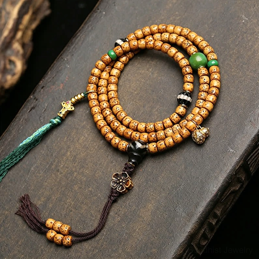 108-bead Star Moon Bodhi Seed Buddhist mala with green silk tassel and metal flower charm pendant style B