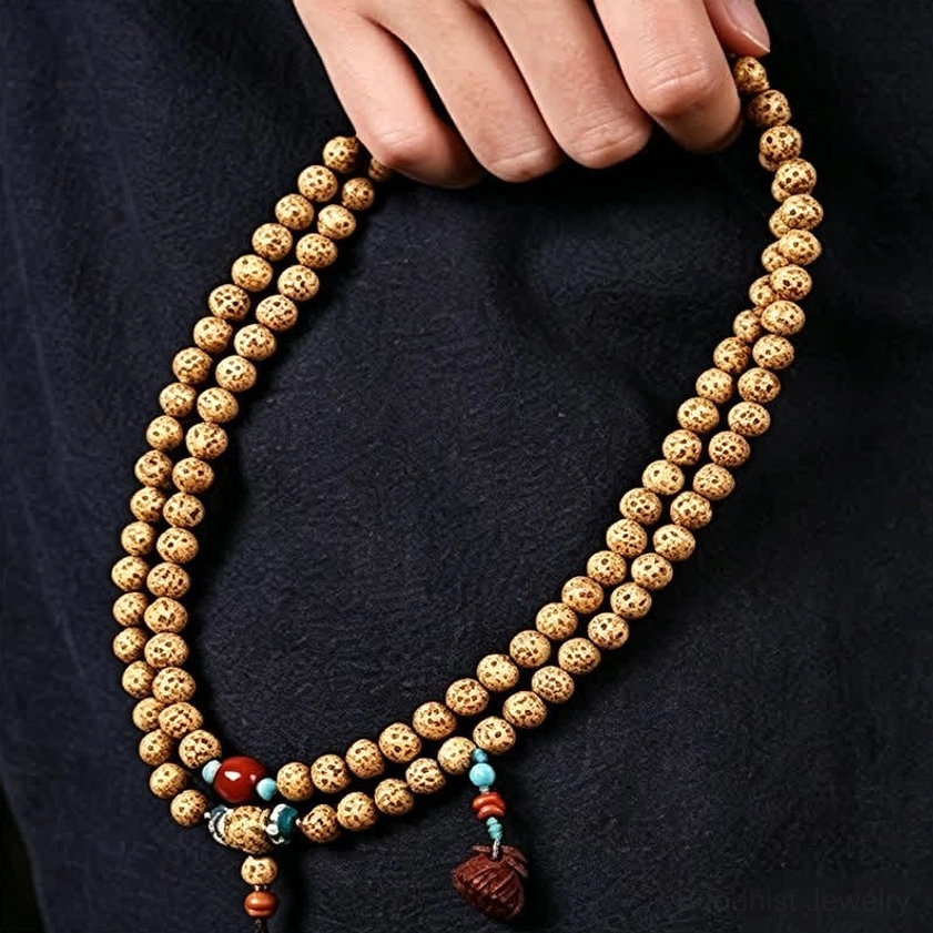 Star Moon Bodhi Seed 108 bead Buddhist prayer mala beads close-up showing celestial pattern detail