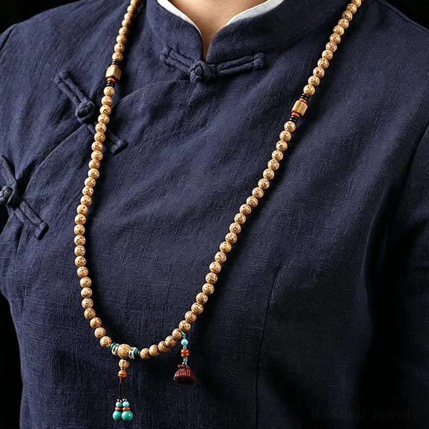 Star Moon Bodhi Seed Buddhist mala necklace full length display showing all 108 beads