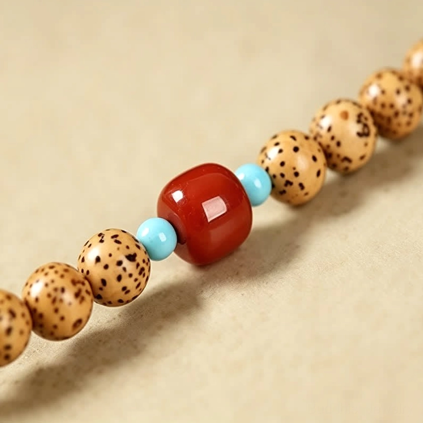 Star Moon Bodhi Seed 108 bead Buddhist prayer mala with turquoise tassel and wooden accessories lifestyle