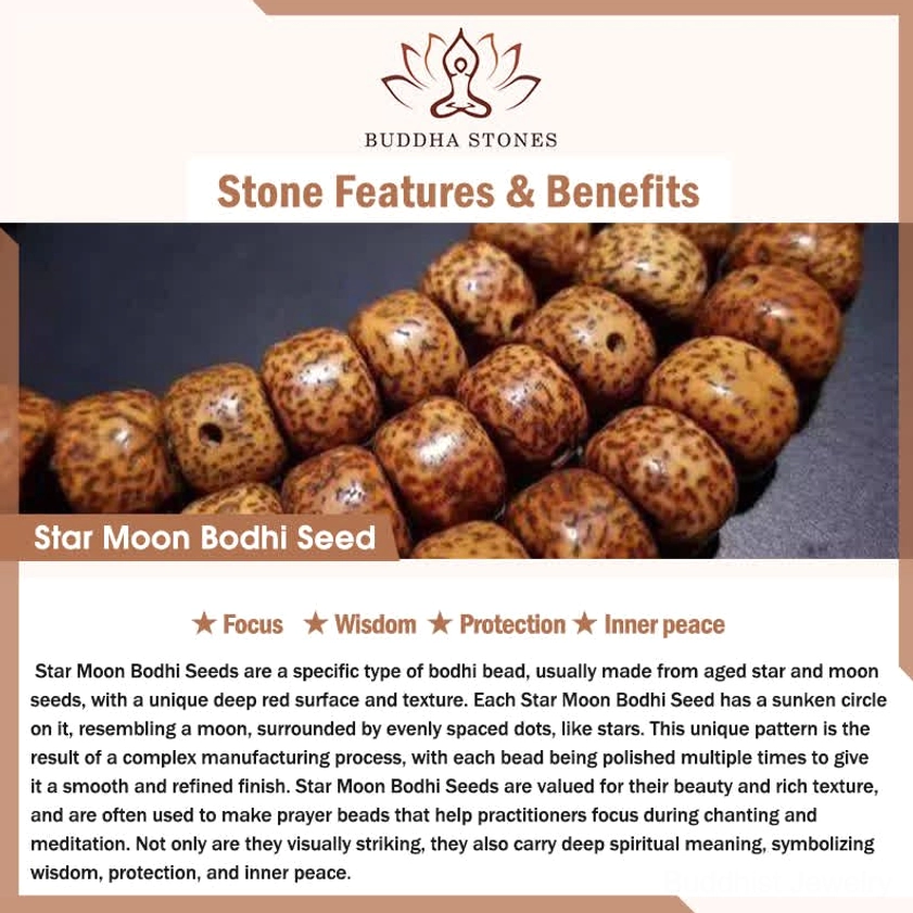 Star Moon Bodhi Seed informational display highlighting wisdom, inner peace, and spiritual benefits of sacred Buddhist beads
