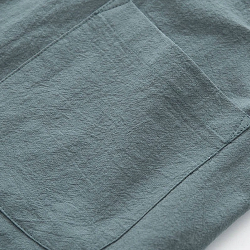 Steel blue linen zen tang suit set complete two-piece display for meditation and mindful spiritual practice