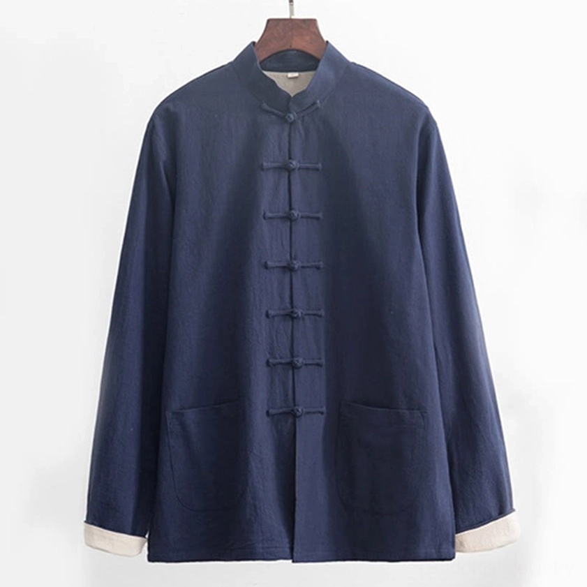 Steel blue zen tang suit pants display showing elastic waistband and full length for comfortable meditation practice