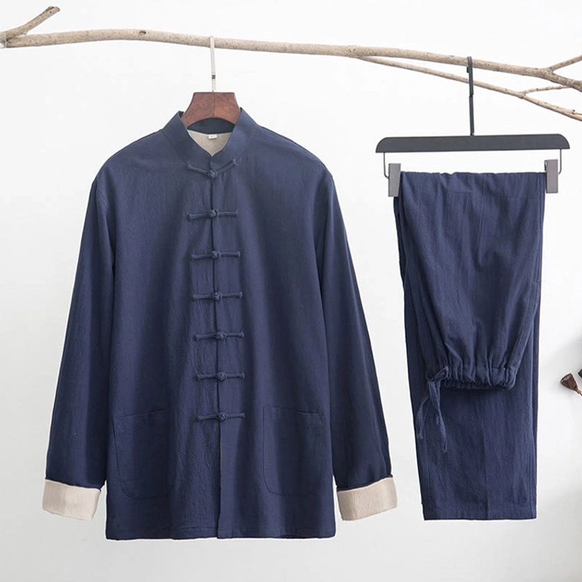 Steel blue linen zen tang suit shirt front view with traditional frog button closure and stand collar design