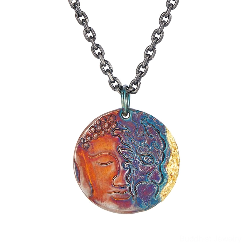 Complete sterling silver yin-yang Buddha demon pendant necklace with 24K gold-trimmed edge and twisted link chain, front view on white background