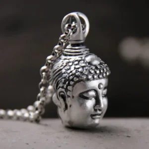 999 sterling silver Buddha head pendant close-up side view, vintage aged silver finish with intricate carved details