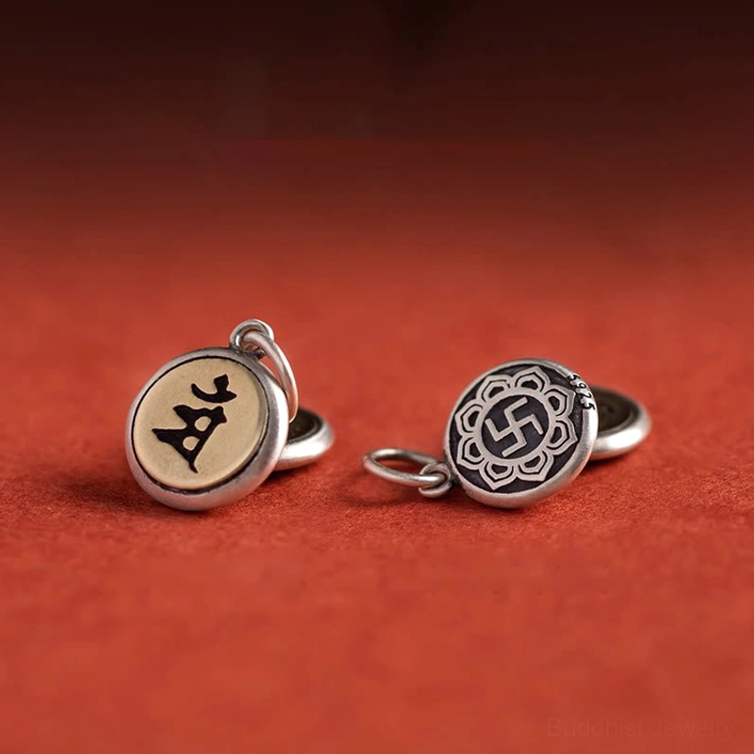 Sterling silver engraved Buddhist zodiac guardian charms with sacred symbols and spiritual motifs