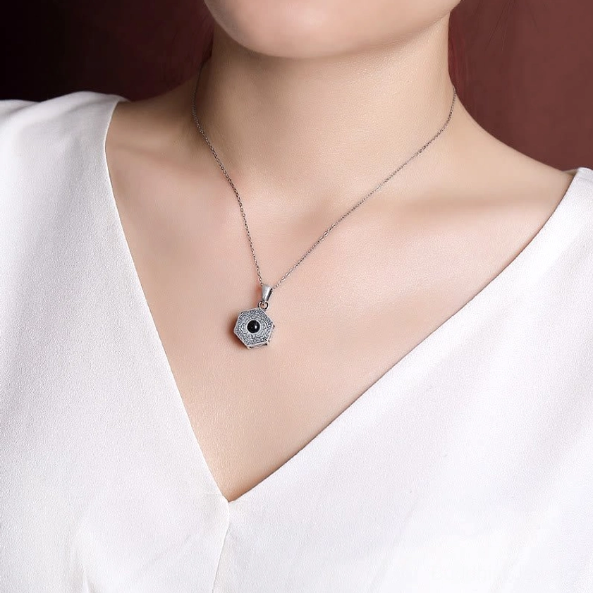 Sterling Silver Om Mani Padme Hum Buddhist Necklace Worn - Close-Up Daily Wear Shot with Slim Silver Chain