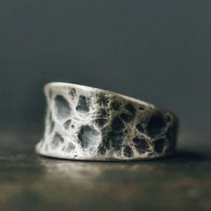 925 sterling silver bump texture Buddhist protection ring close-up detail shot showing antique porous textured surface