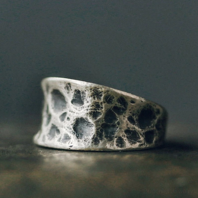 925 sterling silver bump texture Buddhist protection ring close-up detail shot showing antique porous textured surface