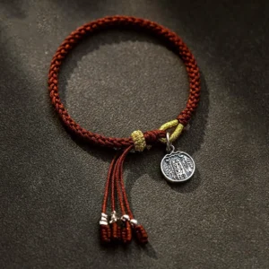 925 Sterling Silver eight-strand braid prosperity bracelet with Five Directions Wealth Gods charm and red tassel protection cord