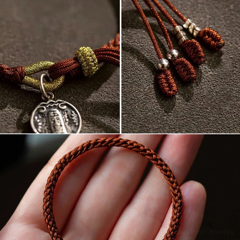 925 Sterling Silver Buddhist wealth protection bracelet with eight-strand braid and red sacred string for prosperity and guidance