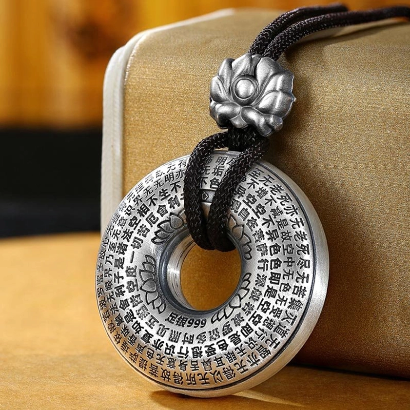 999 Sterling Silver Heart Sutra Peace Buckle Necklace Pendant - Buddhist Protection Pendant Front View