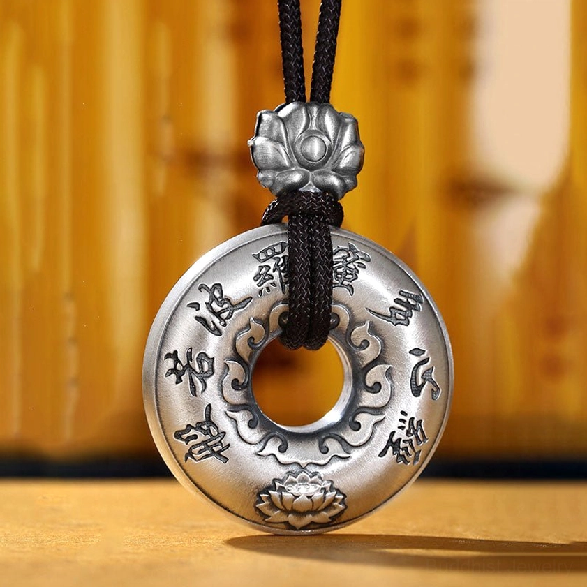 Front View of Sterling Silver Buddhist Heart Sutra Peace Buckle Pendant with Lotus Base Ornament