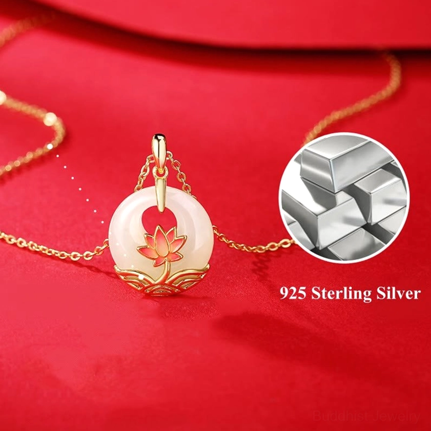 925 sterling silver hetian jade lotus necklace overhead flat lay with material quality close-up detail