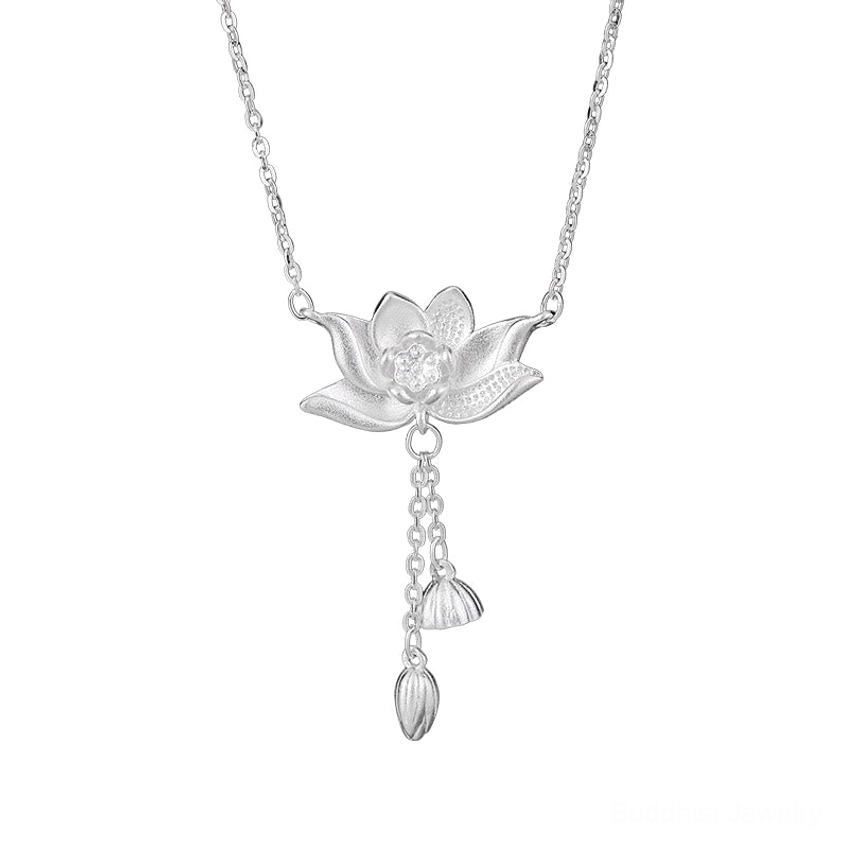 999 sterling silver lotus flower pendant necklace complete product view with chain and tassel charms for enlightenment and spiritual practice