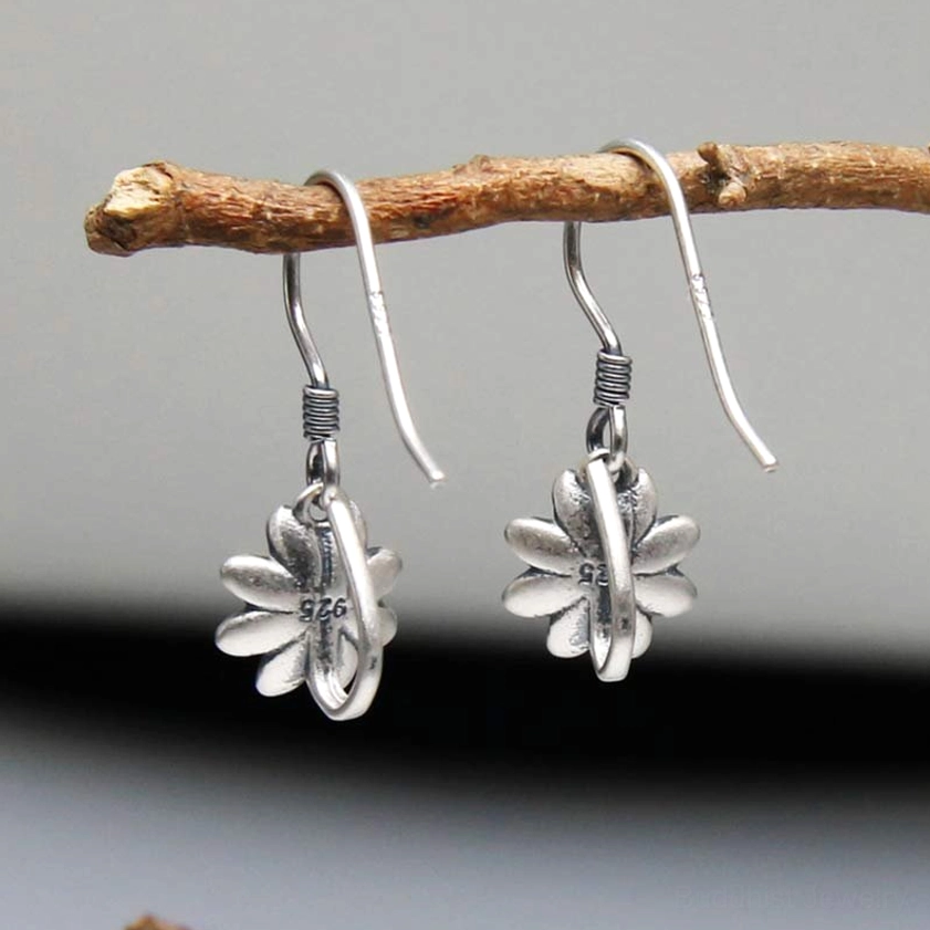925 sterling silver lotus earrings back side view showing authentic 925 stamp and fishhook earwires