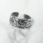 999 Sterling Silver Lotus Heart Sutra Protection Ring – Open Cuff Adjustable Design with Hand-Engraved Lotus Flower