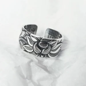 999 Sterling Silver Lotus Heart Sutra Protection Ring – Open Cuff Adjustable Design with Hand-Engraved Lotus Flower