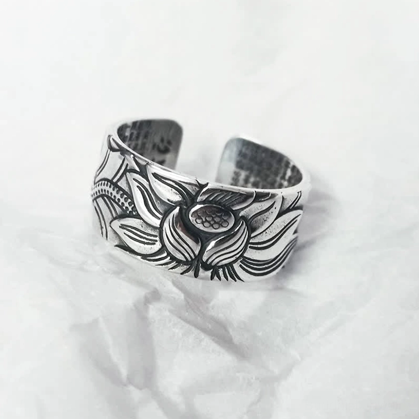 999 Sterling Silver Lotus Heart Sutra Protection Ring – Open Cuff Adjustable Design with Hand-Engraved Lotus Flower