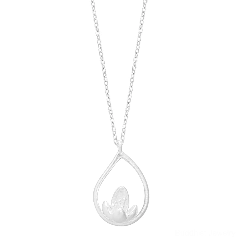 Minimalist sterling silver lotus necklace full length on white background, complete chain and pendant showcase displaying simple silver silhouette