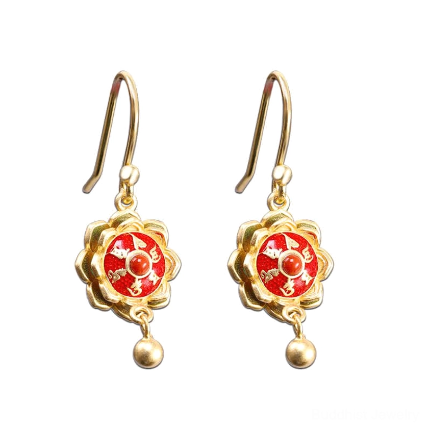 Matching sterling silver lotus prayer wheel earrings with red agate centers and blue-green enamel details