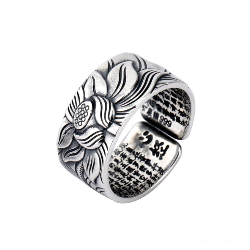 999 Sterling Silver Lotus Heart Sutra Protection Ring – Complete Product Showcase with Authentic Aged Patina