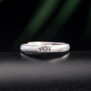 925 Sterling Silver Lotus Ring with Engraved Enlightenment Design - Adjustable Open Band Side View