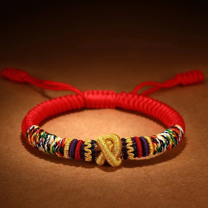 Adjustable Buddhist red rope bracelet with double golden King Kong knots and mixed color woven bands